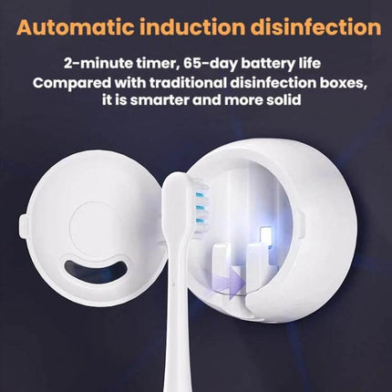 Smart Rechargeable Toothbrush UV Sterilizer and Wall-Mount Storage Rack showing open UV sterilizer with toothbrush inside, 2-minute automatic disinfection