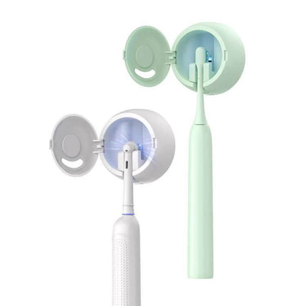 Smart Rechargeable Toothbrush UV Sterilizer and Wall-Mount Storage Rack showing two wall-mounted units sterilizing and storing electric toothbrushes