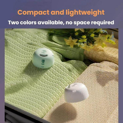 Smart Rechargeable Toothbrush UV Sterilizer and Wall-Mount Storage Rack on bedding showing compact lightweight two-color units for travel and small bathrooms
