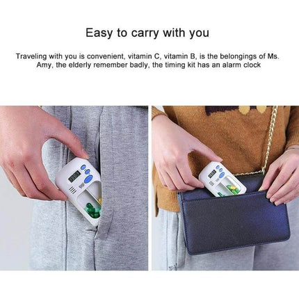 Smart Portable Pill Reminder Box With Multi Alarm Timer For Meds shown being placed in a pocket and a purse, two large compartments and digital timer visible