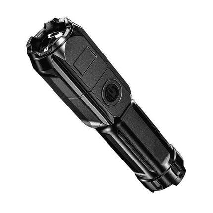 Smiling Shark LED Flashlight With Telescopic Focus For Outdoor Use compact black flashlight with USB charging and 5500mAh battery, one-handed grip