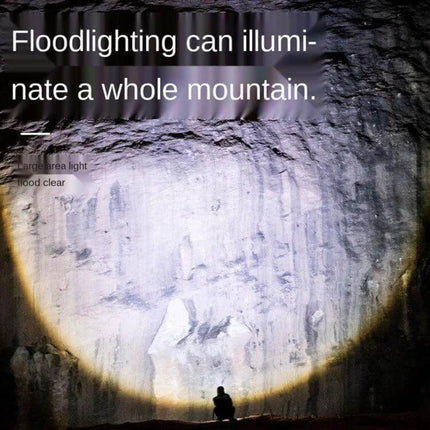 Smiling Shark LED Flashlight With Telescopic Focus For Outdoor Use illuminating a mountain wall with wide flood beam, person silhouetted in foreground