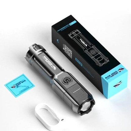 Smiling Shark LED Flashlight With Telescopic Focus For Outdoor Use - compact rechargeable 5500mAh LED flashlight with USB cable and packaging