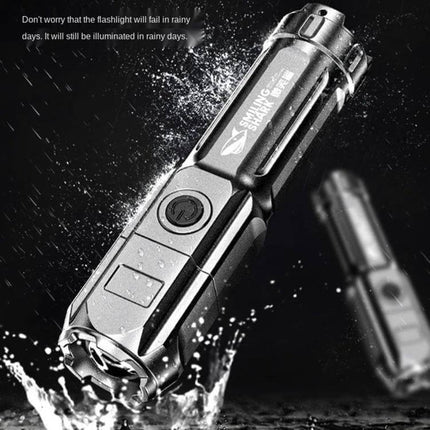 Smiling Shark LED Flashlight With Telescopic Focus For Outdoor Use showing water-resistant compact flashlight with telescopic focus and USB charging