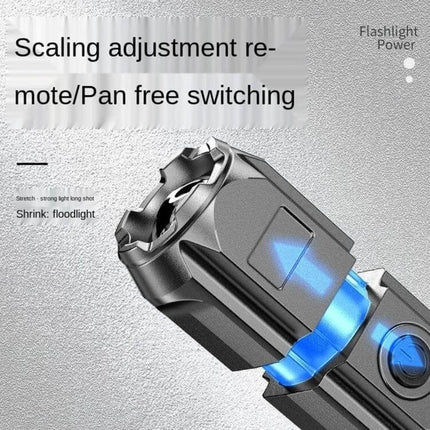 Smiling Shark LED Flashlight With Telescopic Focus For Outdoor Use showing telescopic head, blue accent light and compact one‑hand grip
