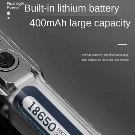 Smiling Shark LED Flashlight With Telescopic Focus For Outdoor Use showing built-in 400mAh lithium battery and USB charging close-up