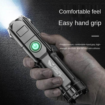 Smiling Shark LED Flashlight With Telescopic Focus For Outdoor Use handheld view showing telescopic focus, USB charging port and comfortable grip