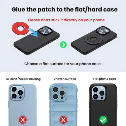 Snap-On Magnetic Ring Phone Holder For Bicycle Or Motorcycle showing adhesive patch placement on flat phone case and compatibility guidance