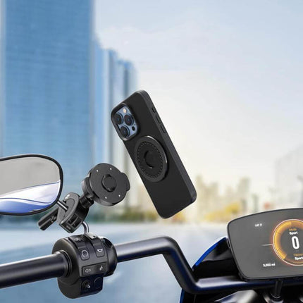Snap-On Magnetic Ring Phone Holder For Bicycle Or Motorcycle mounted on motorcycle handlebar showing secure magnetic phone attachment and cushioned clamp