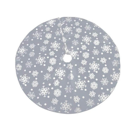 Alt Tag: Snowflake Tree Skirt, 122 Cm Diameter For Christmas Decor gray snowflake print tree skirt hides stand and cords, soft non-woven knitted fabric, 122 cm