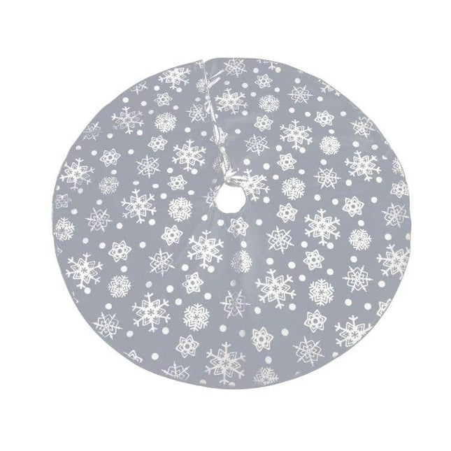 Alt Tag: Snowflake Tree Skirt, 122 Cm Diameter For Christmas Decor gray snowflake print tree skirt hides stand and cords, soft non-woven knitted fabric, 122 cm