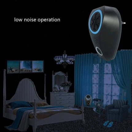 Snowflake Ultrasonic Mosquito and Mouse Repellent US EU UK Plug shown in bedroom demonstrating low-noise ultrasonic pest control for mosquitoes mice and cockroaches