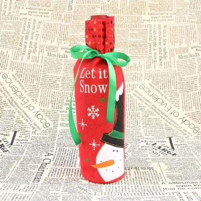 Snowman Wine Bottle Cover for Christmas Table Decor - red 'Let it Snow' snowman wine bottle sleeve with green bow