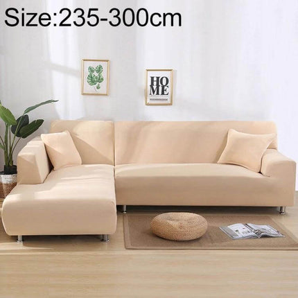 Sofa Cover Set For 3 To 4 Seaters For Everyday Use - beige stretch polyester spandex slipcover on L-shaped sofa protecting upholstery