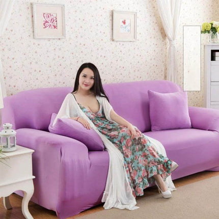 Sofa Cover Set For 3 To 4 Seaters For Everyday Use - Stretch polyester spandex plain dyed purple sofa cover protecting upholstery