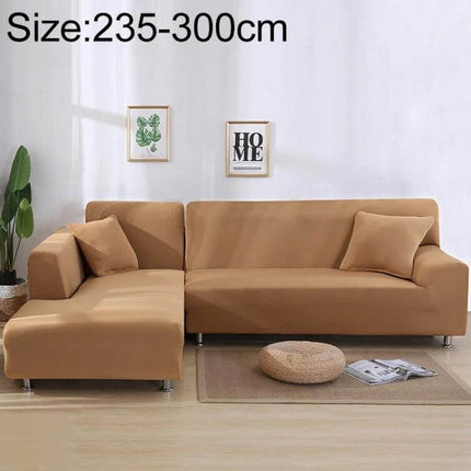 Sofa Cover Set For 3 To 4 Seaters For Everyday Use in neutral brown polyester-spandex on L-shaped sofa protecting upholstery
