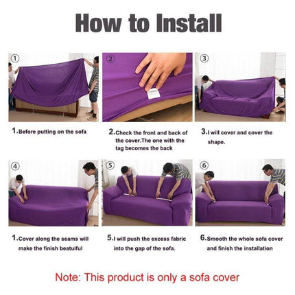 Sofa Cover Set For 3 To 4 Seaters For Everyday Use - step-by-step installation guide showing stretch polyester-spandex cover being fitted on a 3-4 seater sofa