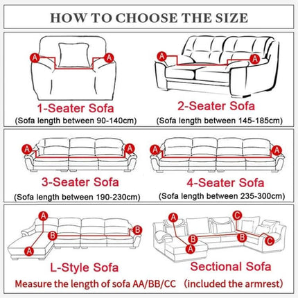 Diagram showing how to measure sofa for Sofa Cover Set For 3 To 4 Seaters For Everyday Use with sizes for 1-4 seater L-style and sectional sofas