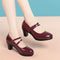 Soft Leather Women's Round Toe Pumps With Chunky Mid Heel burgundy patent Mary Jane pumps with double strap and 5cm block heel for office wear