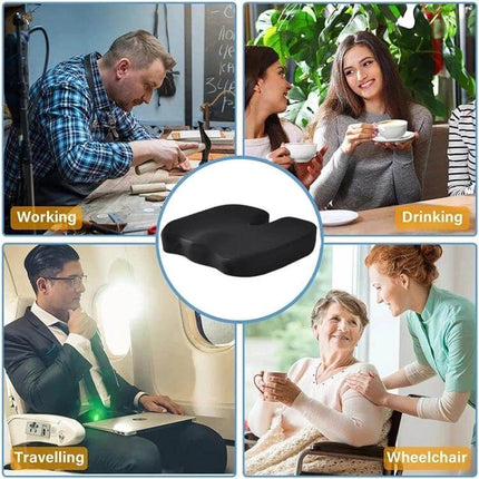 Soft U-Shaped Ergonomic Seat Cushion, Mesh Style For Everyday Comfort black U-shaped cushion shown for working, drinking, travelling and wheelchair use
