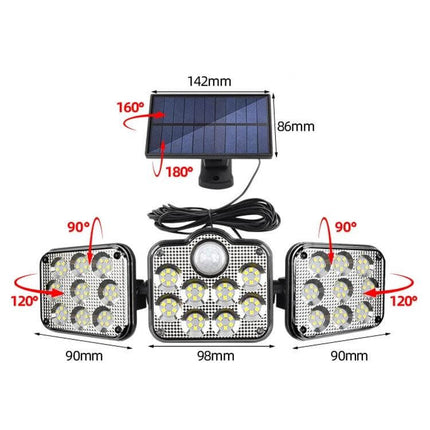 Solar 3-Head Rotatable Outdoor Wall Light For Garden showing solar panel dimensions and three adjustable LED heads with rotation angles