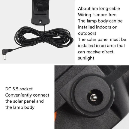 Solar 3-Head Rotatable Outdoor Wall Light For Garden showing 5m cable, DC 5.5 socket and instructions for solar panel placement