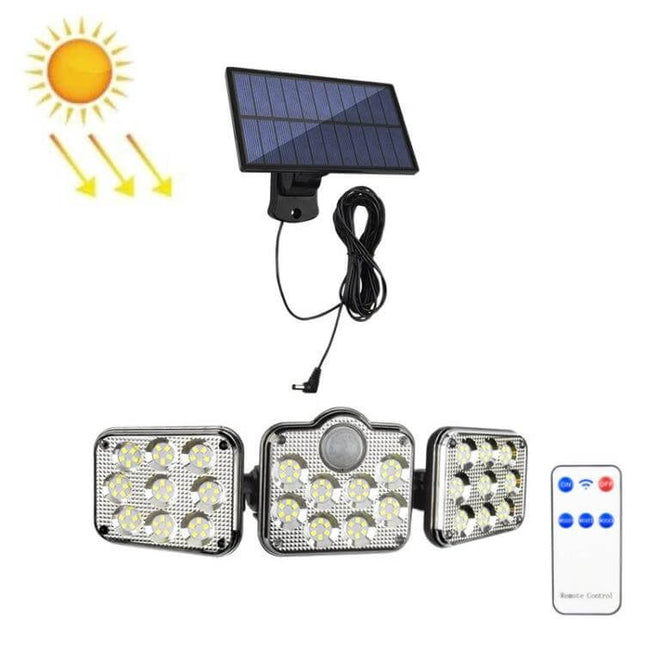 Alt Tag: Solar 3-Head Rotatable Outdoor Wall Light For Garden with solar panel, motion sensor and remote for patio and walkway lighting