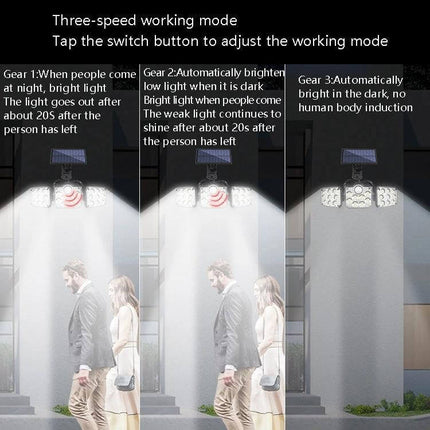 Solar 3-Head Rotatable Outdoor Wall Light For Garden showing three working modes with motion sensor and adjustable LED heads illuminating walkway