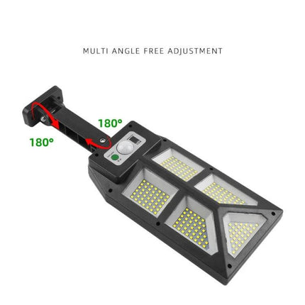 Solar Body Induction Wall Light for Garden and Fence showing multi-angle 180° adjustable mount and LED solar panel for wall or post installation