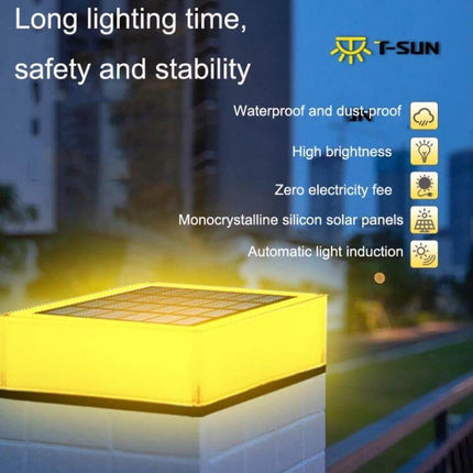 Solar Column Head Lamp For Yard, Waterproof Outdoor Lighting glowing monocrystalline solar-powered garden column head lamp on a walkway