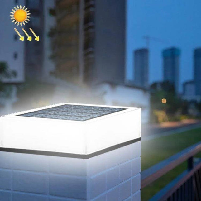 Solar Column Head Lamp For Yard, Waterproof Outdoor Lighting on a garden column glowing at dusk, solar panel top and weatherproof design