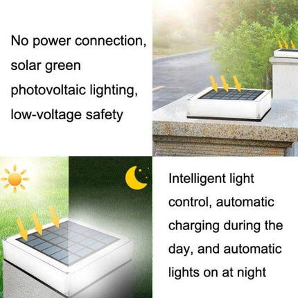 Solar Column Head Lamp For Yard, Waterproof Outdoor Lighting on stone post showing solar panel charging by day and automatic night lighting