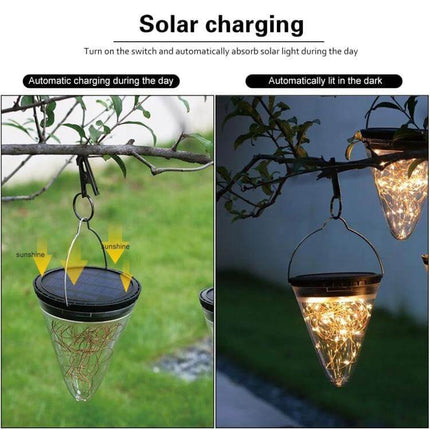 Solar Conical Starlight Pendant Lamp IP55 Outdoor Garden hanging solar pendant lit at night and charging by day, decorative pathway garden lighting