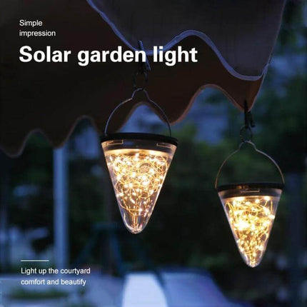 Solar Conical Starlight Pendant Lamp IP55 Outdoor Garden hanging solar pendant lights illuminating a patio pathway, easy no-wiring installation, decorative glow