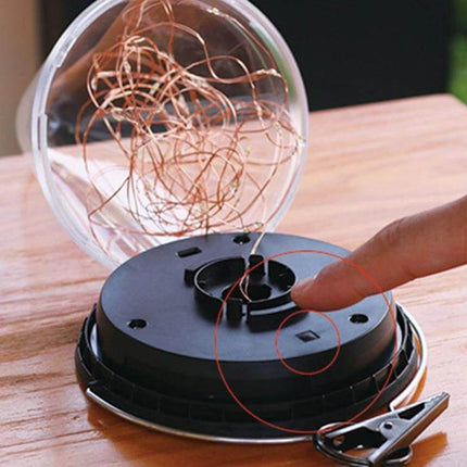 Solar Conical Starlight Pendant Lamp IP55 Outdoor Garden shown open with finger pointing at base assembly for easy no-wiring installation