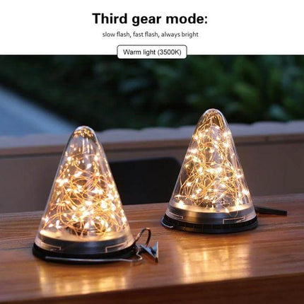 Solar Conical Starlight Pendant Lamp IP55 Outdoor Garden illuminating warm 3500K conical solar pendant lights on patio, easy no-wiring installation