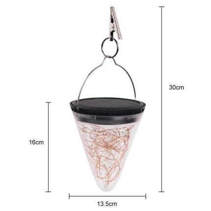 Solar Conical Starlight Pendant Lamp IP55 Outdoor Garden - hanging solar conical pendant with starlight LEDs, clip hanger, 30cm height, 13.5cm width