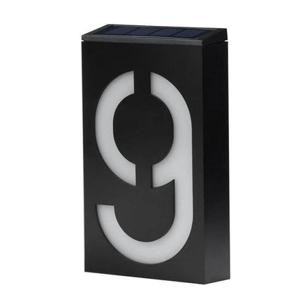 Solar Door Plate Light For House Numbers Outdoor Night Use - black weatherproof LED house number light with solar panel and white illuminated '9' design
