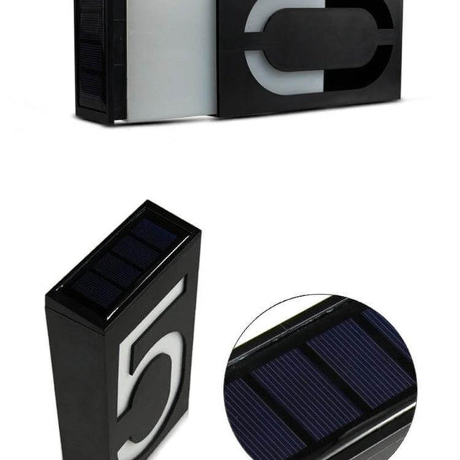 Solar Door Plate Light For House Numbers Outdoor Night Use — black weatherproof LED house number light with solar panel, 69 LED illumination