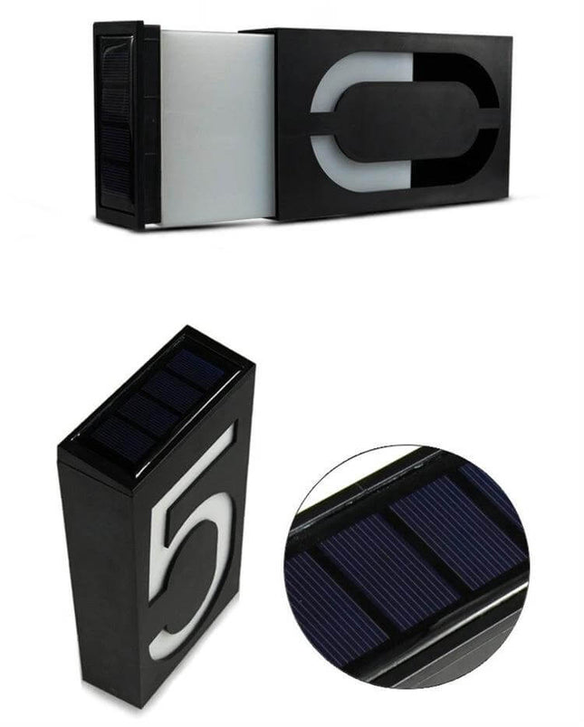 Solar Door Plate Light For House Numbers Outdoor Night Use — black weatherproof LED house number light with solar panel, 69 LED illumination