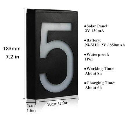 Solar Door Plate Light For House Numbers Outdoor Night Use - black weatherproof LED house number plaque with solar panel and dimensions