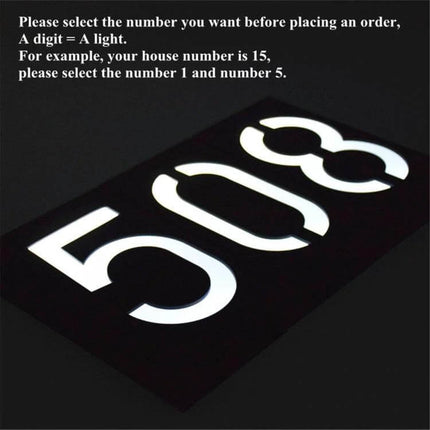 Solar Door Plate Light For House Numbers Outdoor Night Use illuminated black door plate showing glowing white digits 5 0 3 with installation instructions
