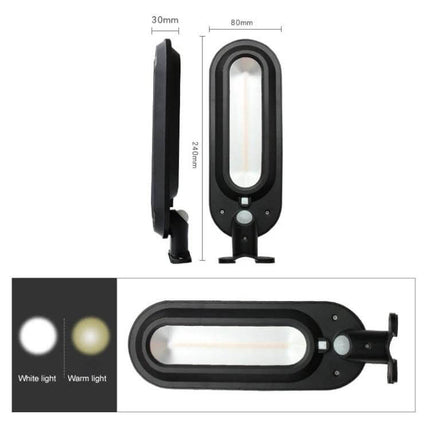 Solar Garden Lamp With Motion Sensor Waterproof Outdoor black oval LED solar garden lamp with motion sensor, white and warm light options, dimensions shown