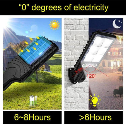 Solar Motion Sensor Garden Light For Pathways And Yards mounted on exterior wall showing solar panel charging by day and 120° motion-activated bright night beam