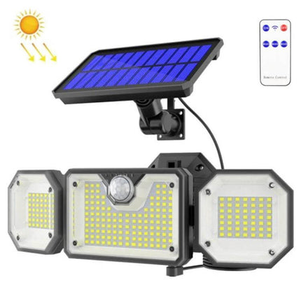 Solar Motion Sensor LED Garden Light Outdoor Waterproof mounted with adjustable solar panel, remote control and triple LED panels for pathways