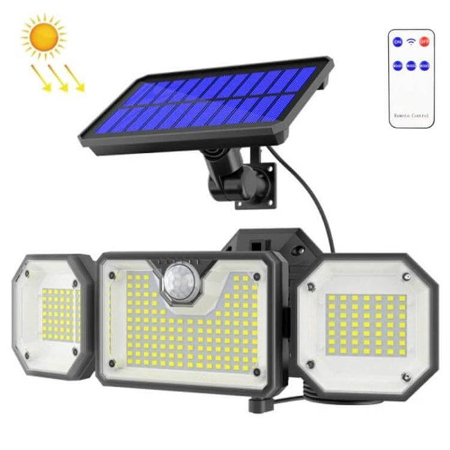 Solar Motion Sensor LED Garden Light Outdoor Waterproof mounted with adjustable solar panel, remote control and triple LED panels for pathways