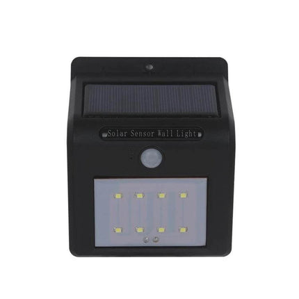 Solar Motion Sensor Wall Light For Outdoors With 8 LEDs mounted on exterior wall showing solar panel motion sensor and 8 LED array