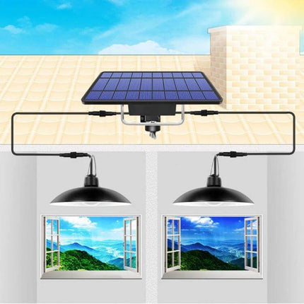 Solar Outdoor Landscape Light For Courtyard And Pathways Warm Light dual-head solar panel rooftop illuminating two pathway lamps