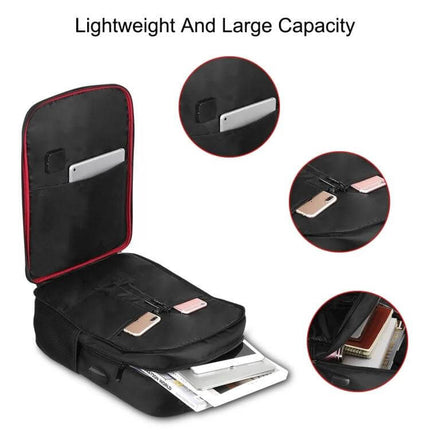 Solar Panel Backpack For Laptop With USB Charging Port showing open compartments, laptop sleeve, phone pockets and USB port for charging on the go