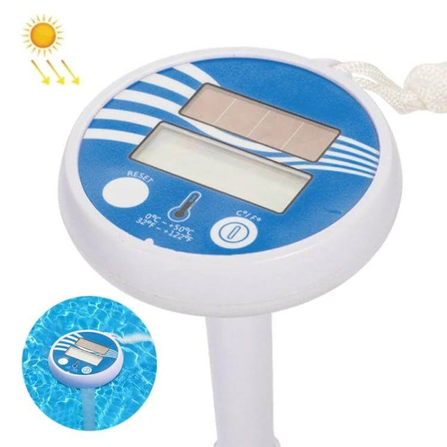 Solar Pool Thermometer Floating With Digital Display showing solar-powered LCD and waterproof sensor floating in a pool